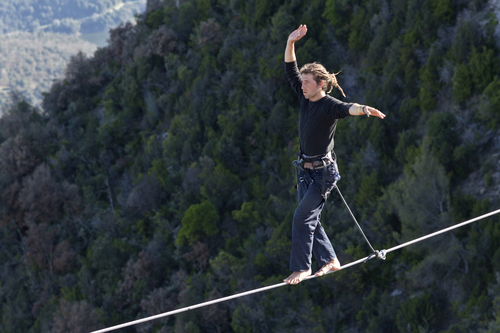 Man practicing highline